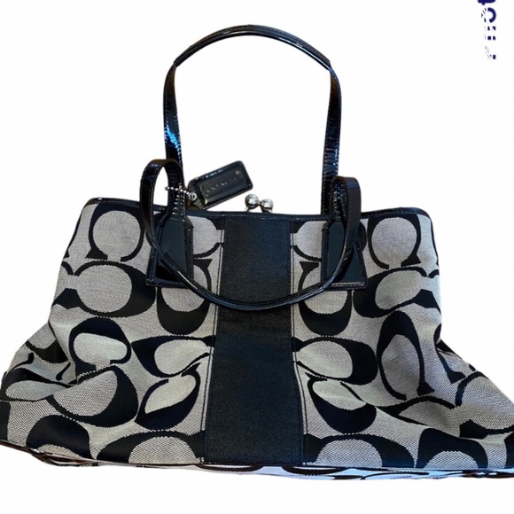 COACHSignature Stripe Frame Kisslock
Carryall Satchel Handbag EUC - Picture 1 of 6